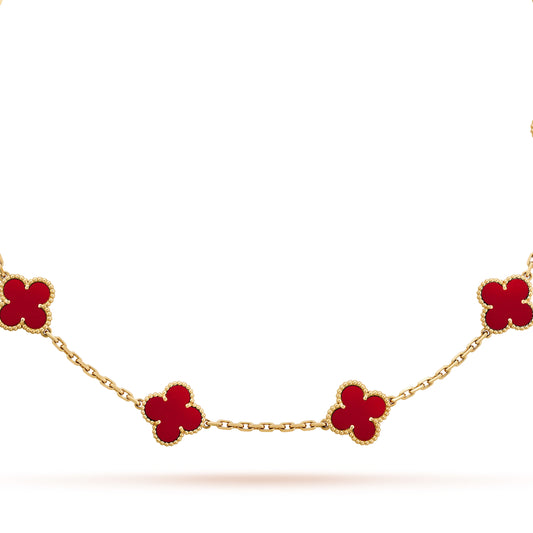 FOGLIAS LONDON Red Multi Motifs Four Leaf Clover Necklace 925 Stainless Silver 18k Gold Plated