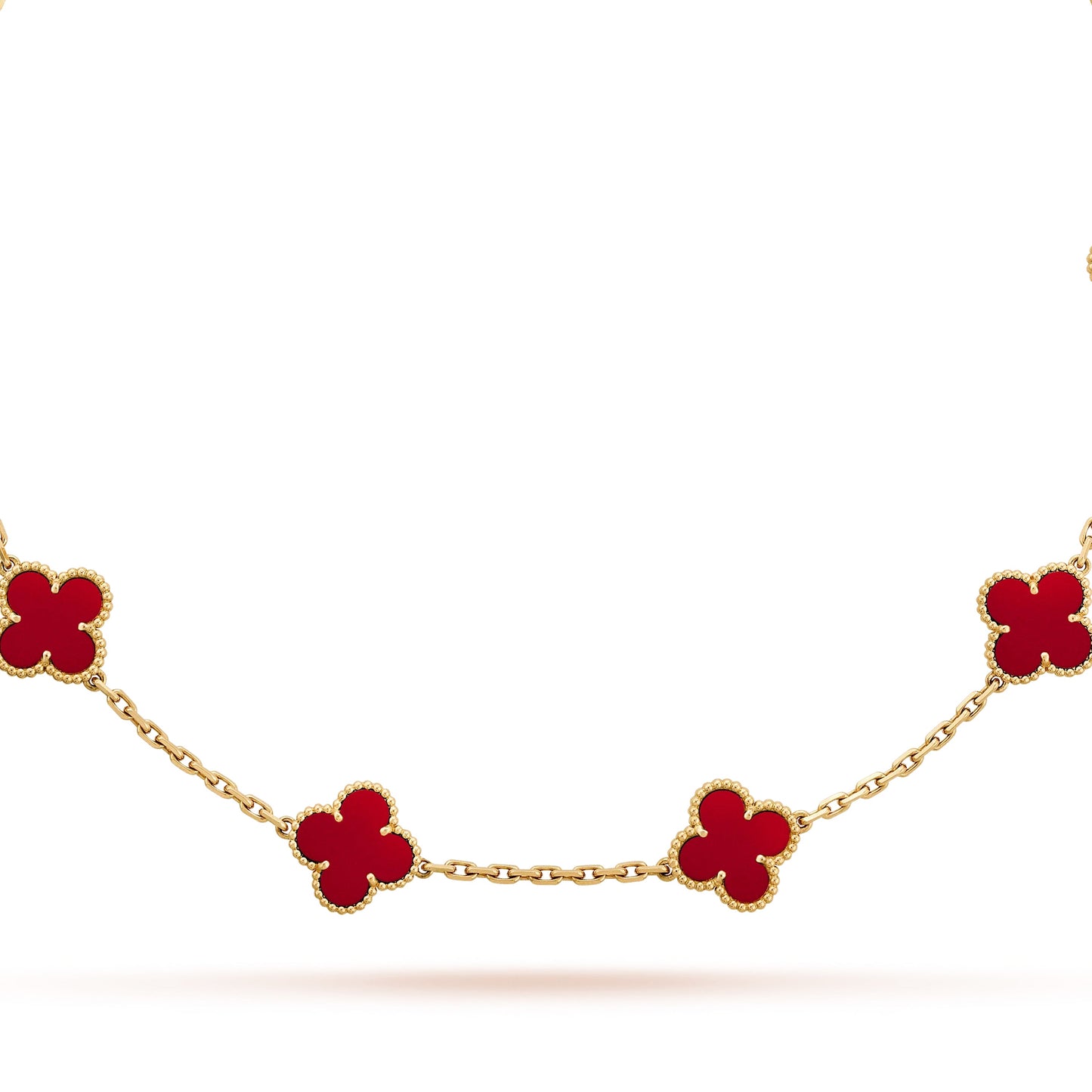 Red Multi Motifs Four Leaf Clover Necklace 925 Stainless Silver 18k Gold Plated