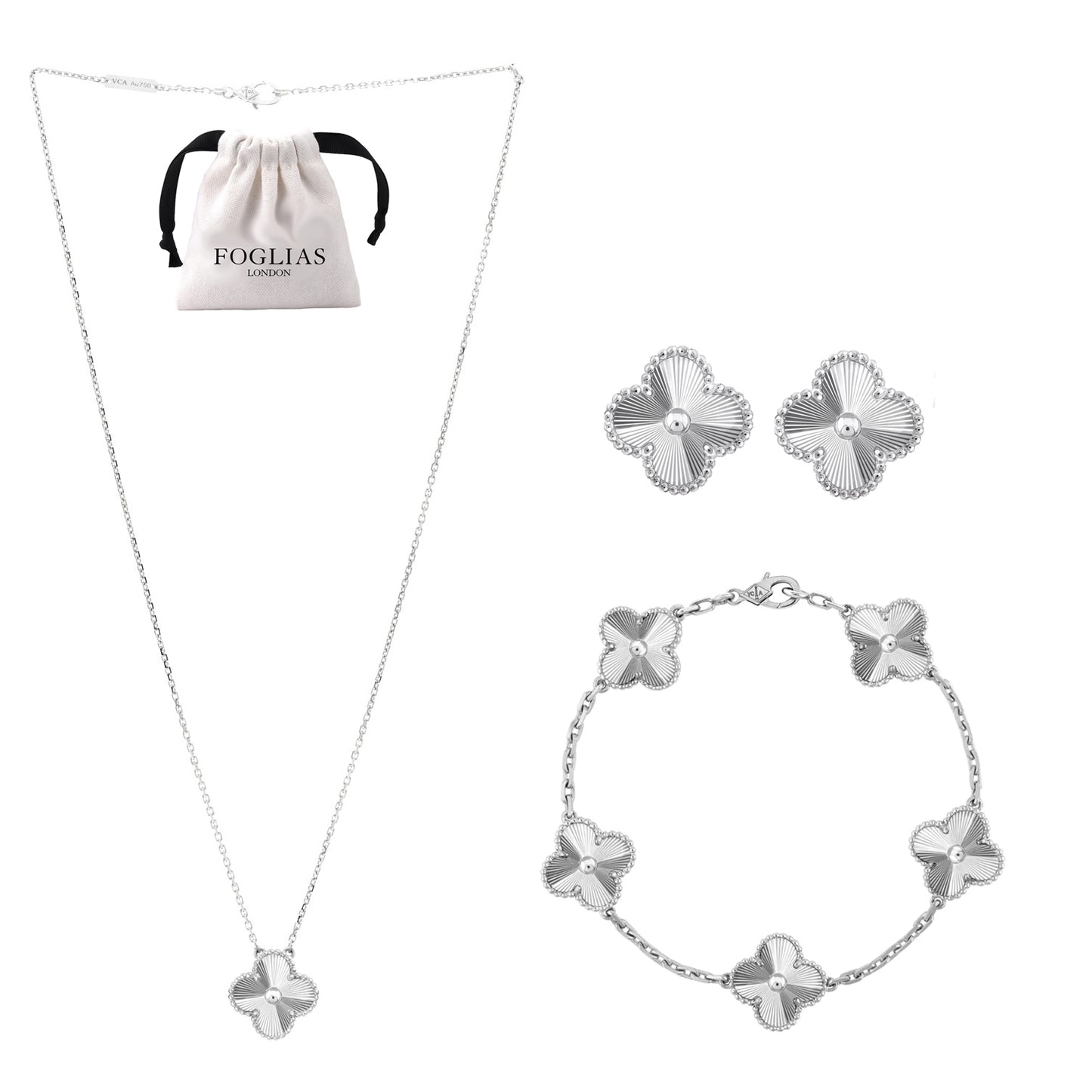 FOGLIAS LONDON Silver Clover Necklace Earrings Bracelet Set 925 Silver 18k Gold Plated