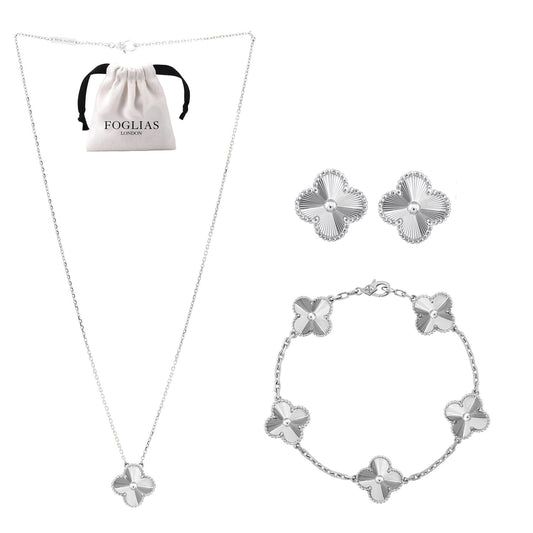 Silver Clover Necklace Earrings Bracelet Set 925 Silver 18k Gold Plated