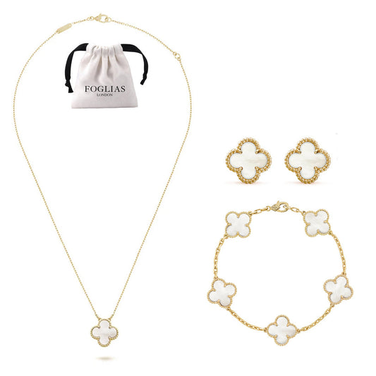 White Pearl Clover Necklace Earrings Bracelet Set 925 Silver 18k Gold Plated