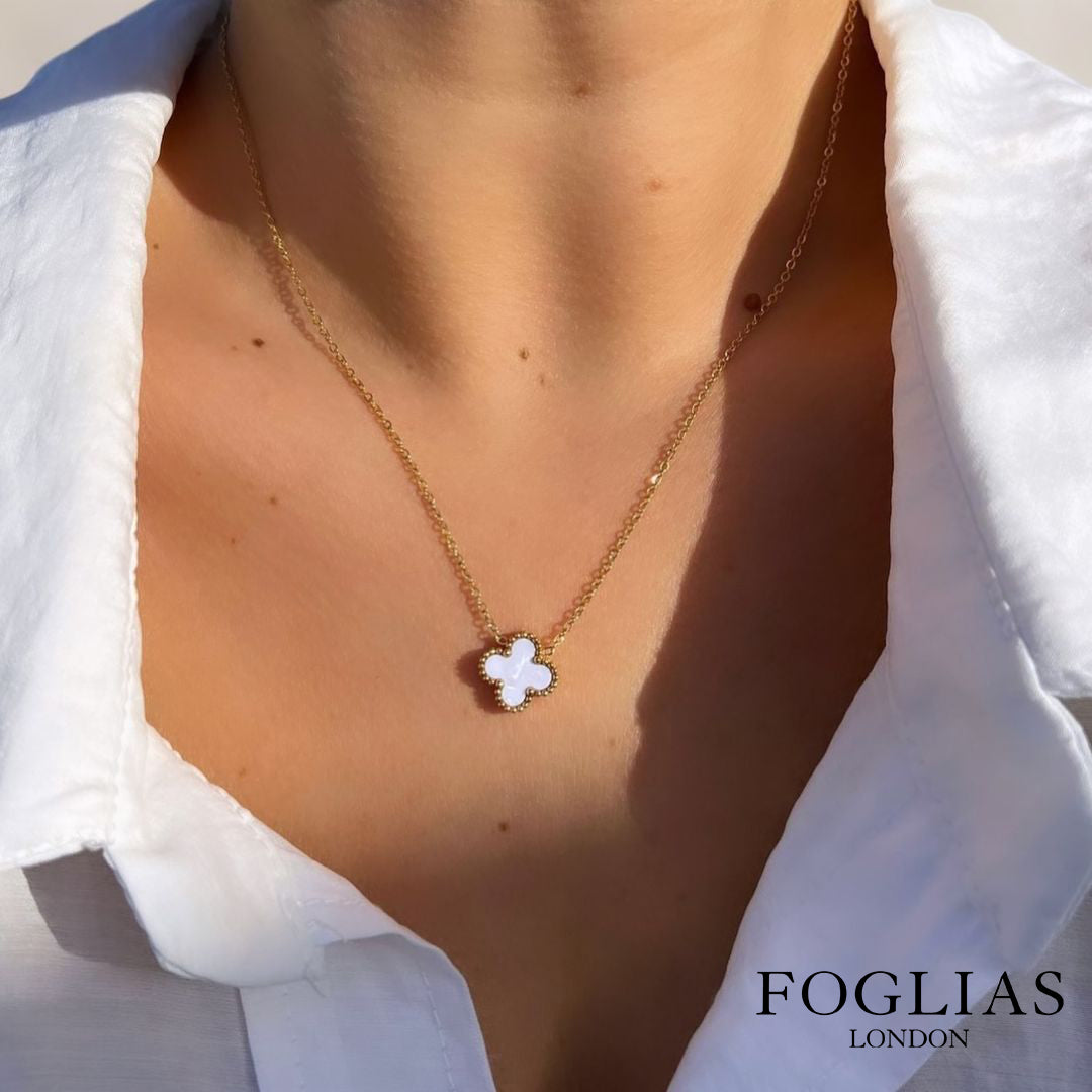 FOGLIAS LONDON White Pearl Clover Necklace 925 Silver 18k Gold Plated